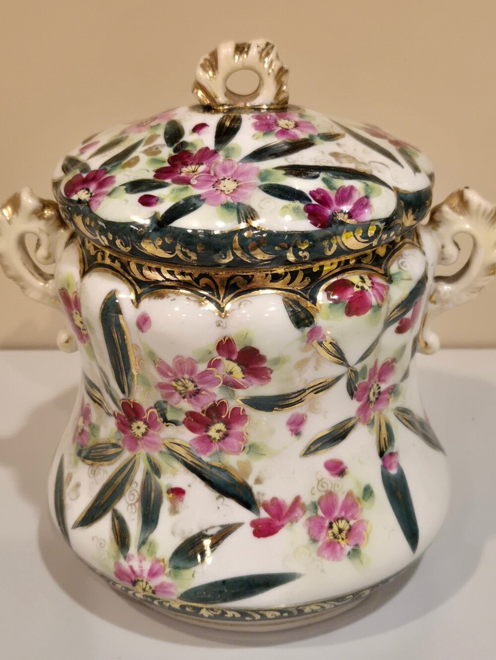 Hand-Painted Floral Porcelain Jar with Lid - Pink & Green